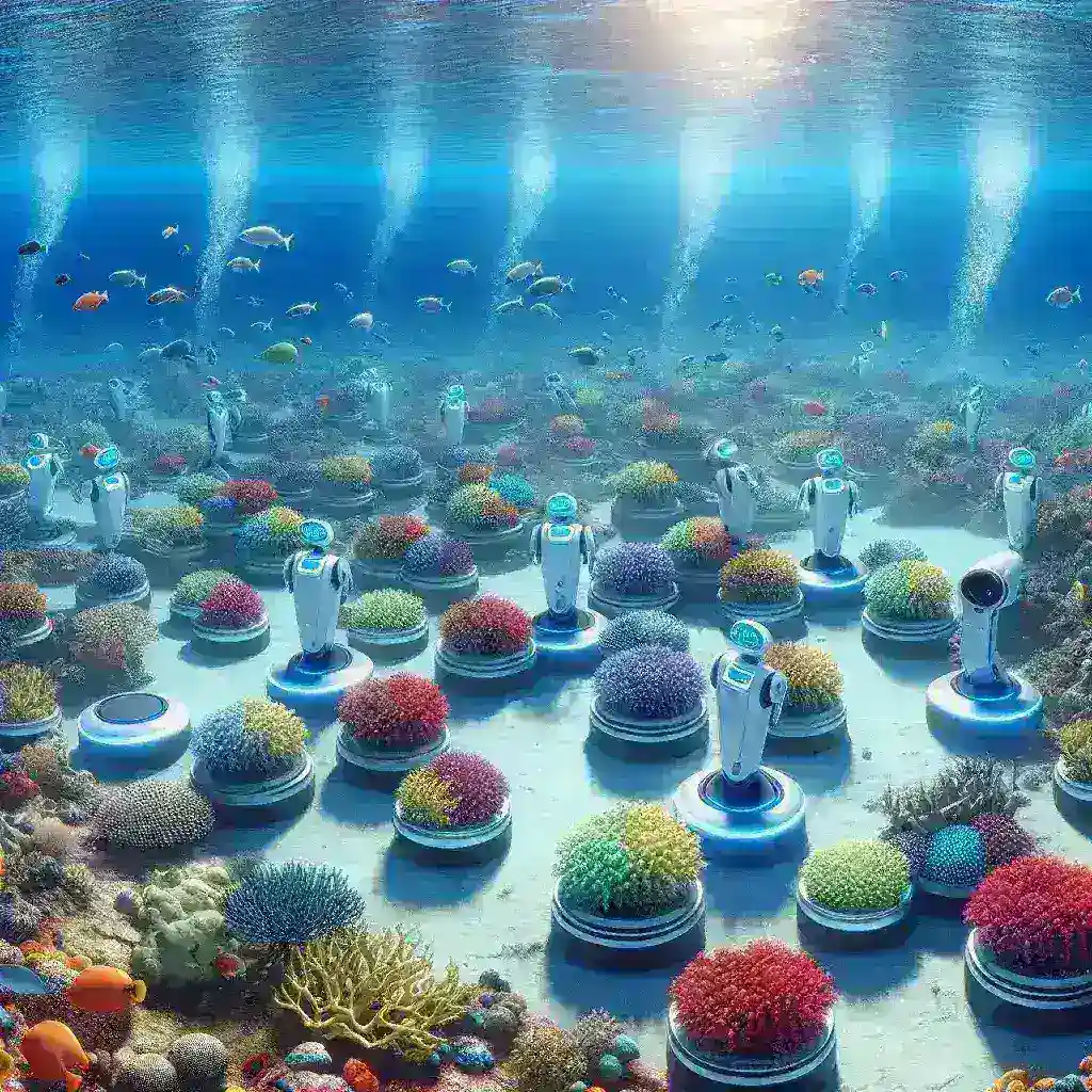 "AI robotic fleet planting coral nurseries to restore reef ecosystems, showcasing advanced technology in marine conservation efforts."