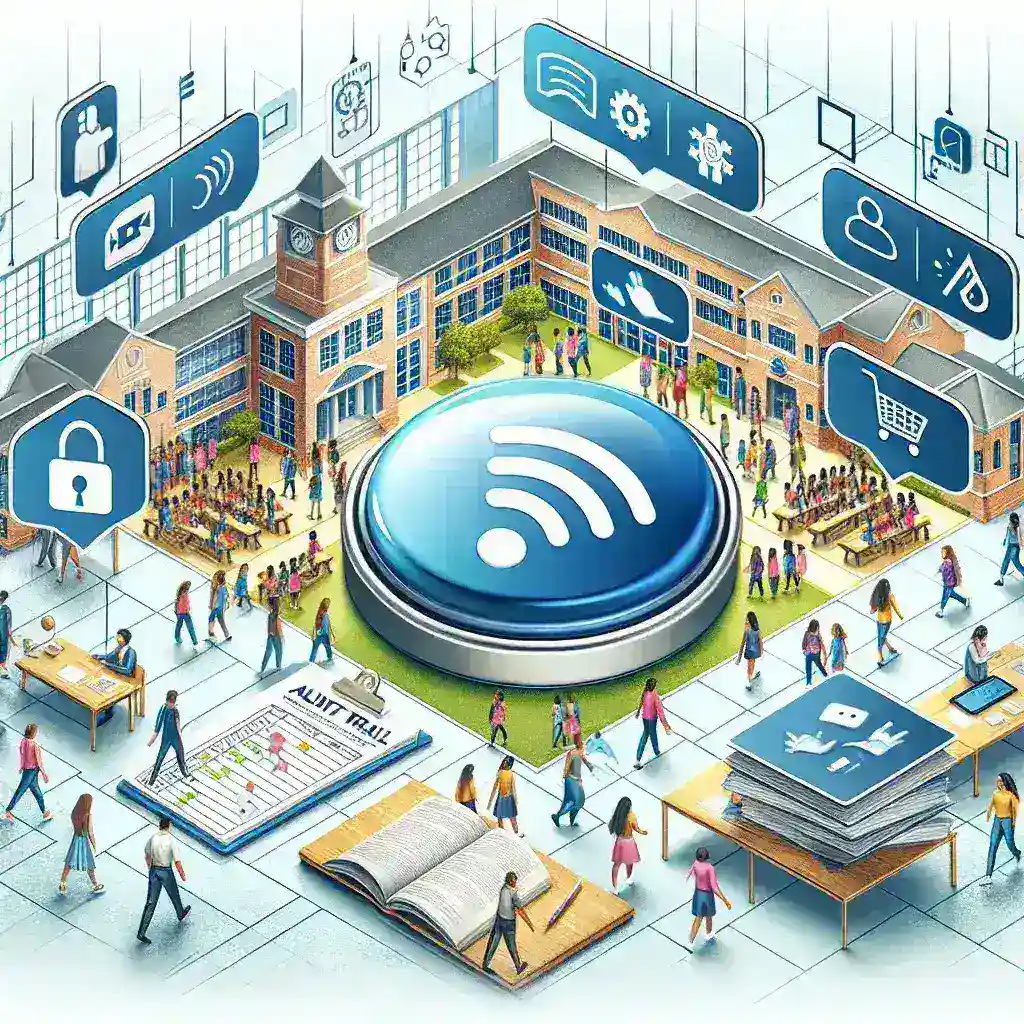 "School safety platform showcasing silent Bluetooth panic button equipped with audit trail feature, enhancing emergency response protocols in educational environments."