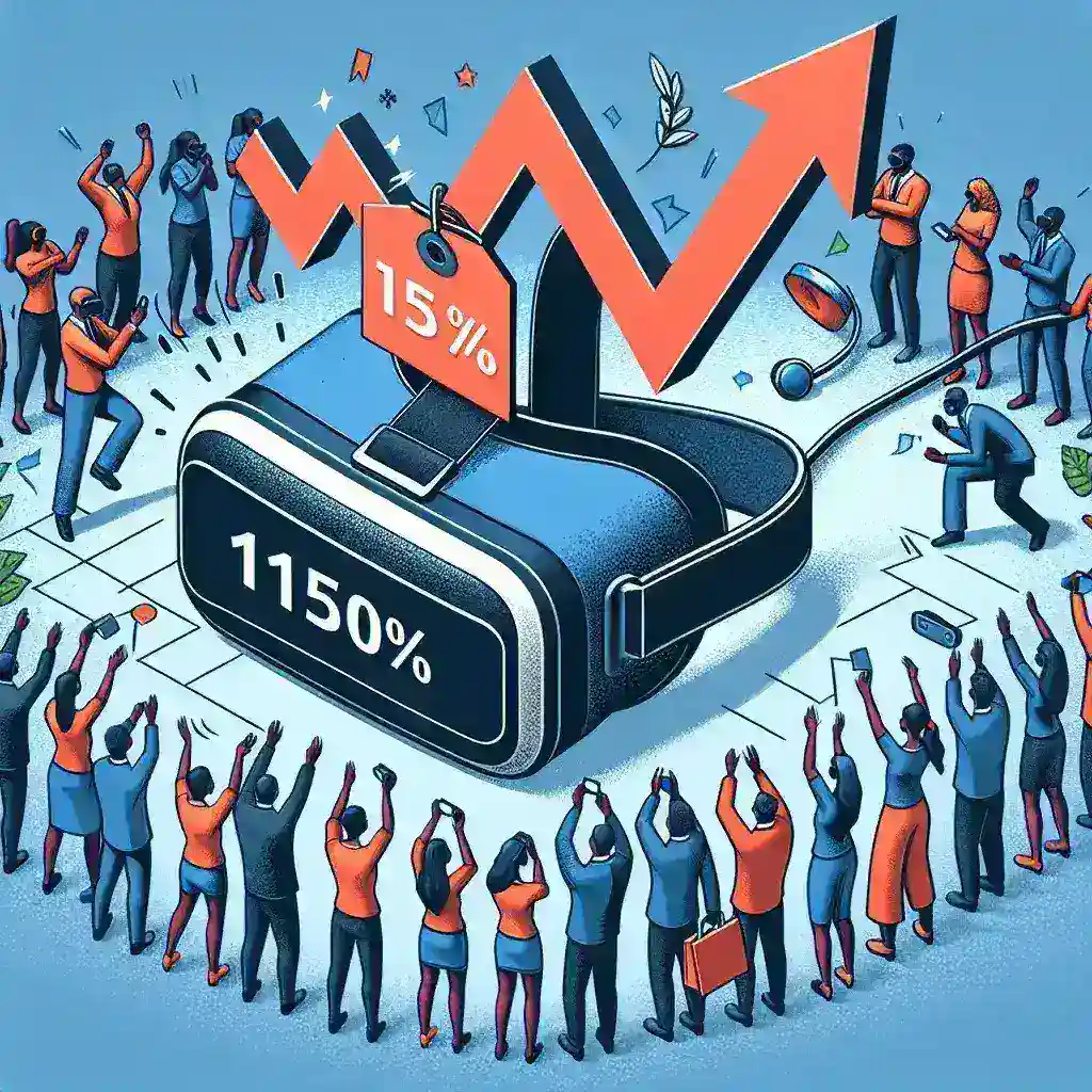 "Virtual reality headset displayed on a wooden surface, showcasing the latest model that contributed to a 150% surge in sales after recent price reductions."