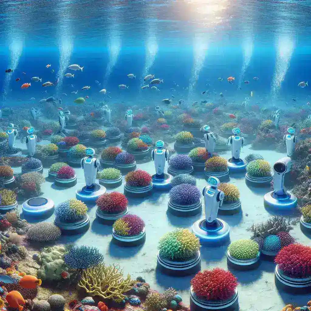 "AI robotic fleet planting coral nurseries to restore reef ecosystems, showcasing advanced technology in marine conservation efforts."